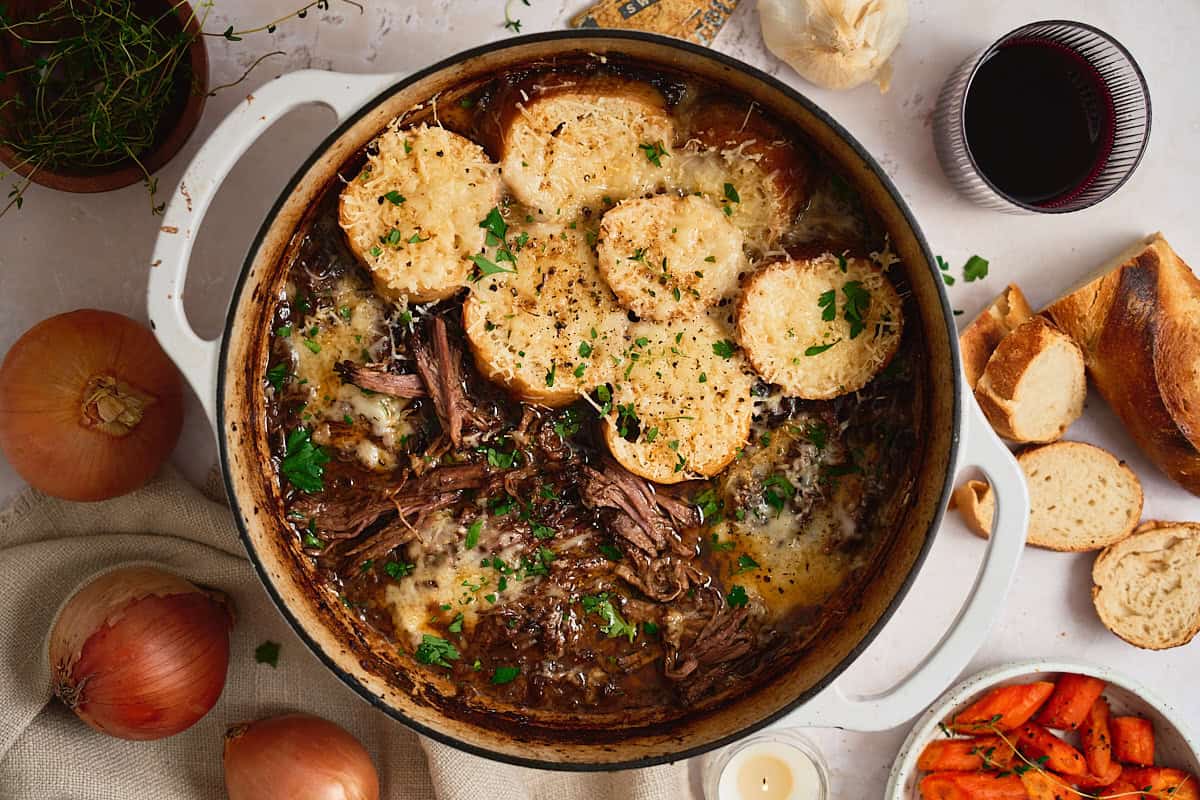 Dutch Oven French Onion Pot Roast with Gruyere Cheese Toasts